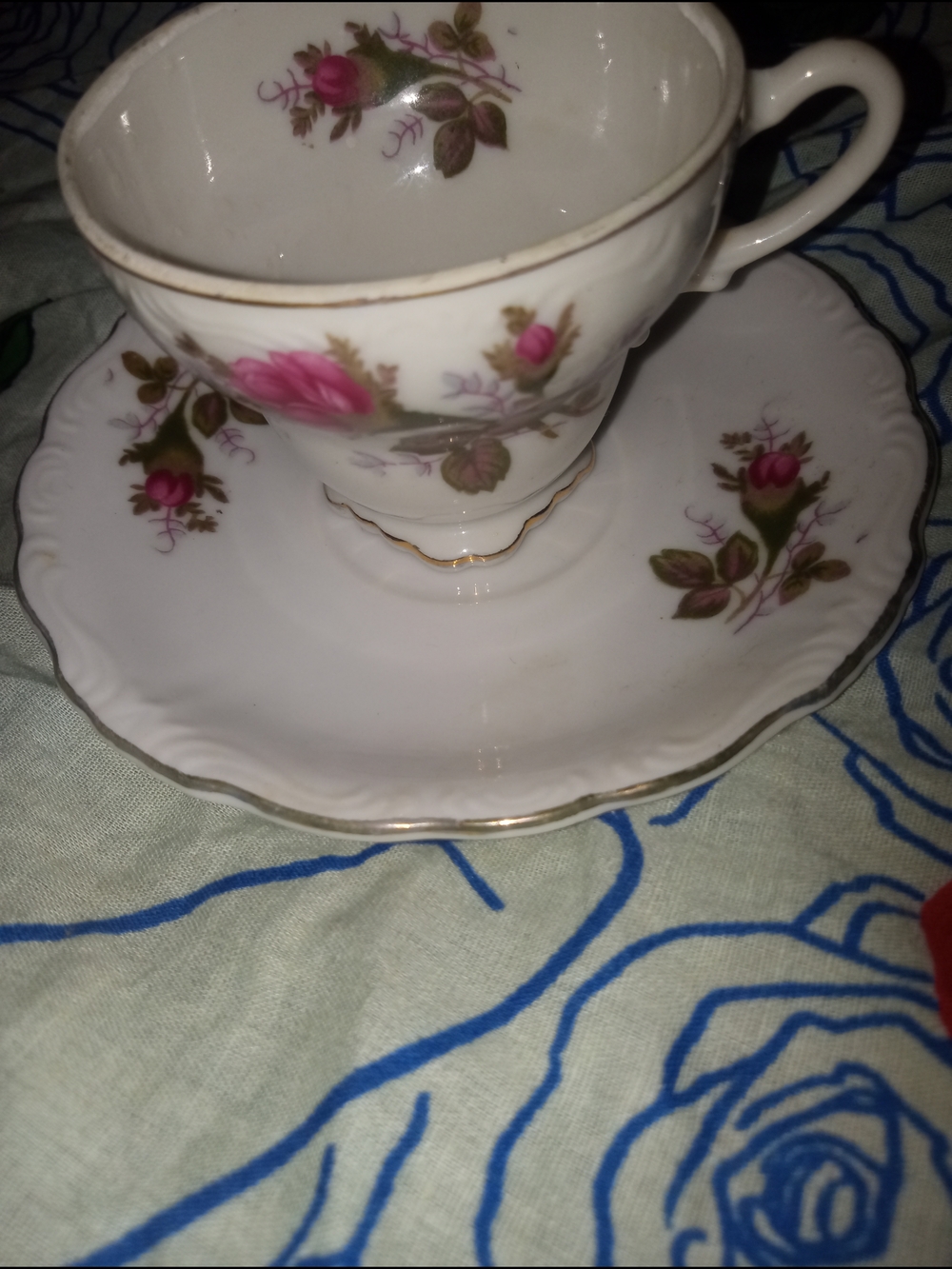 Classic White Porcelain Teacup and Saucer with Pink Rose Motif